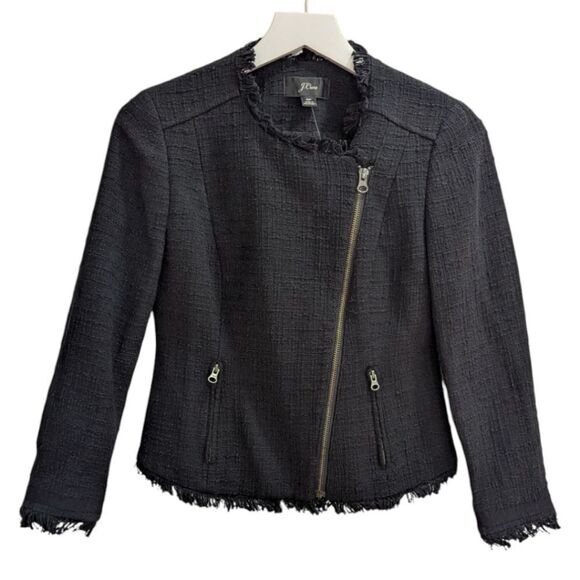 J.Crew Women's 0 Petite Tweed Motorcycle Jacket With Fringe E9927 in Black NWT - Picture 3 of 8